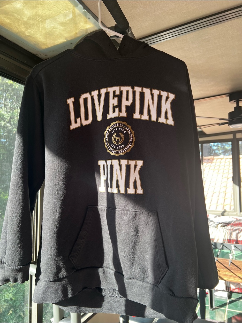 Victoria's Secret PINK Black Hoodie with White and Gold Lettering
